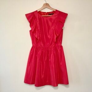 Zara Structured Satin Mini Dress Ruffle Shoulder A line Red